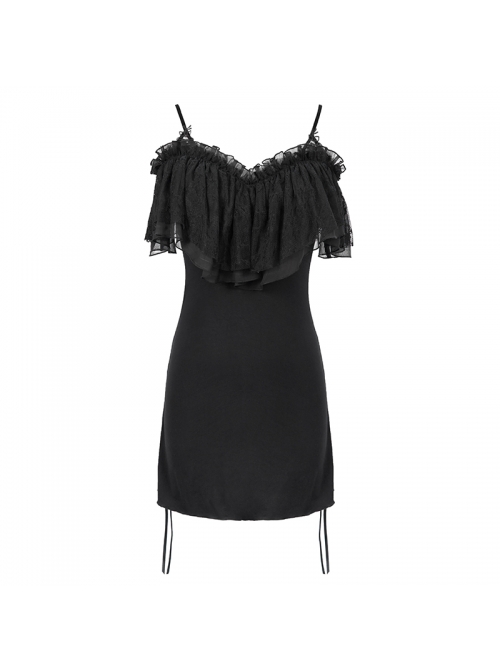 Black Off-Shoulder Chest Lace Frilly Side Lace-Up Punk T-Shirt