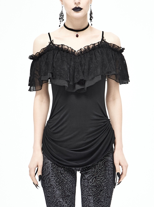 Black Off-Shoulder Chest Lace Frilly Side Lace-Up Punk T-Shirt