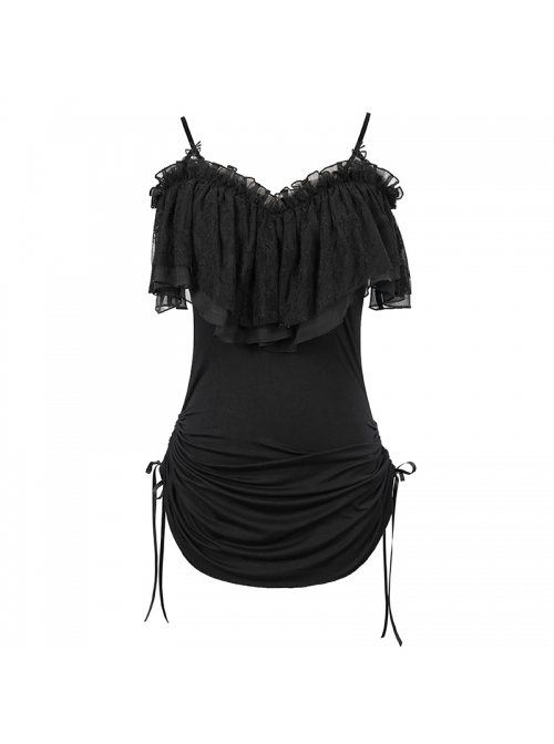 Black Off-Shoulder Chest Lace Frilly Side Lace-Up Punk T-Shirt