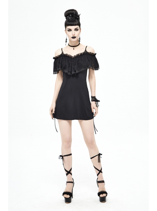 Black Off-Shoulder Chest Lace Frilly Side Lace-Up Punk T-Shirt