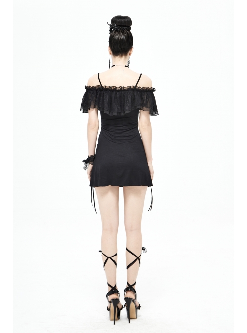 Black Off-Shoulder Chest Lace Frilly Side Lace-Up Punk T-Shirt