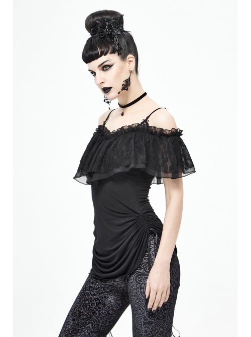Black Off-Shoulder Chest Lace Frilly Side Lace-Up Punk T-Shirt