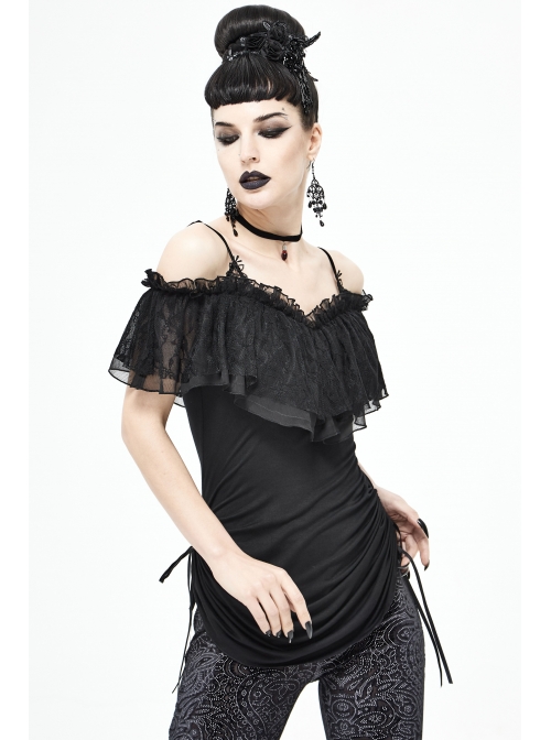 Black Off-Shoulder Chest Lace Frilly Side Lace-Up Punk T-Shirt