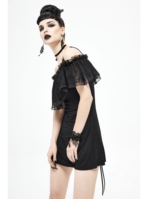 Black Off-Shoulder Chest Lace Frilly Side Lace-Up Punk T-Shirt