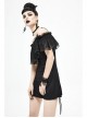 Black Off-Shoulder Chest Lace Frilly Side Lace-Up Punk T-Shirt