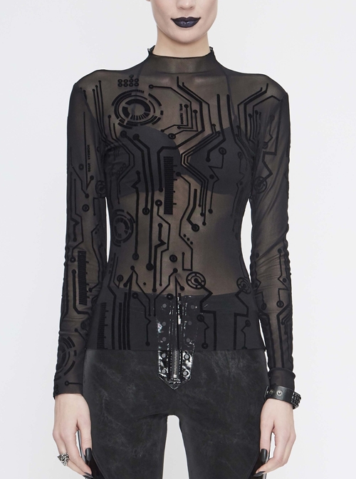 The Printed Flocking Mesh Long Sleeve Rough Selvedge Black Punk Tight T-Shirt