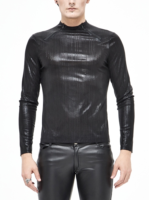 Fine Vertical Lines Slightly Shiny Stretch Fabric Zipper Long Sleeve Black Punk Tight T-Shirt