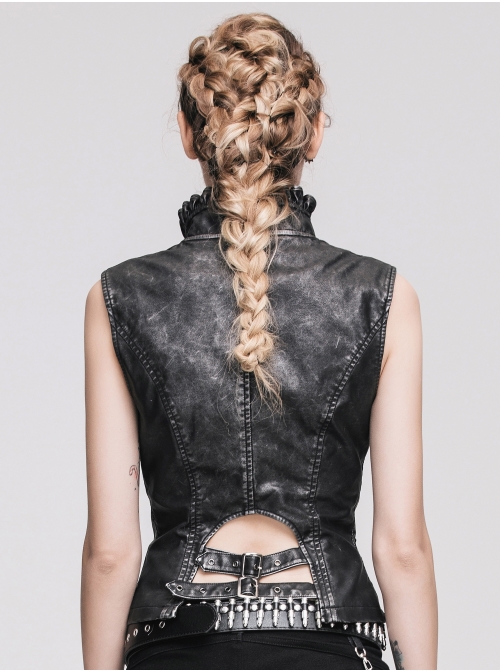 Black And Silver Hand -Rubbed Leather Big Opening Chest Wave Collar Punk Waistcoat