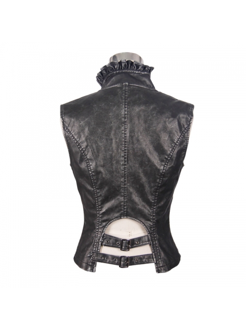 Black And Silver Hand -Rubbed Leather Big Opening Chest Wave Collar Punk Waistcoat