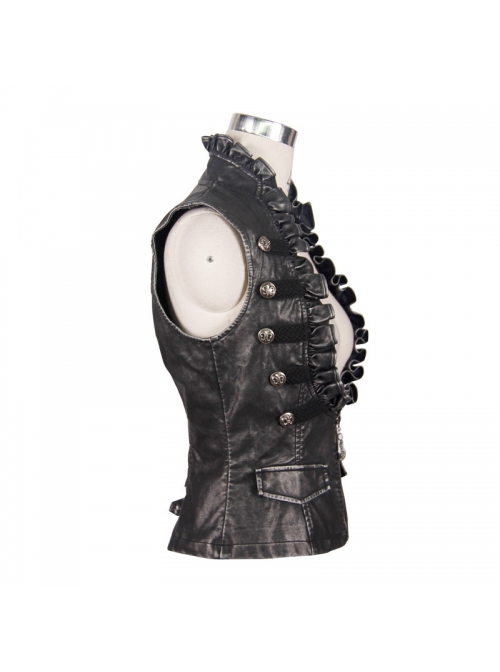 Black And Silver Hand -Rubbed Leather Big Opening Chest Wave Collar Punk Waistcoat