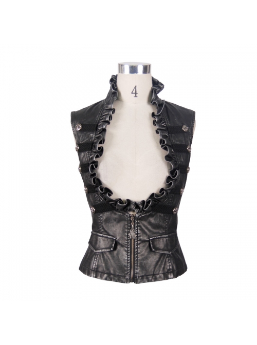 Black And Silver Hand -Rubbed Leather Big Opening Chest Wave Collar Punk Waistcoat