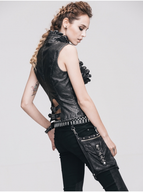 Black And Silver Hand -Rubbed Leather Big Opening Chest Wave Collar Punk Waistcoat
