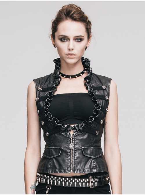Black And Silver Hand -Rubbed Leather Big Opening Chest Wave Collar Punk Waistcoat