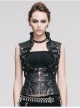 Black And Silver Hand -Rubbed Leather Big Opening Chest Wave Collar Punk Waistcoat