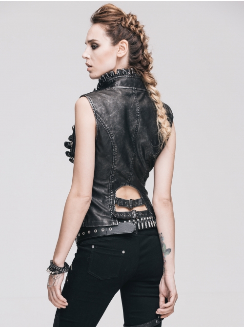 Black And Silver Hand -Rubbed Leather Big Opening Chest Wave Collar Punk Waistcoat