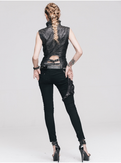 Black And Silver Hand -Rubbed Leather Big Opening Chest Wave Collar Punk Waistcoat