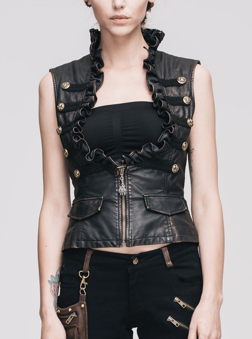 Black And Bronze Hand -Rubbed Leather Big Opening Chest Wave Collar Punk Waistcoat