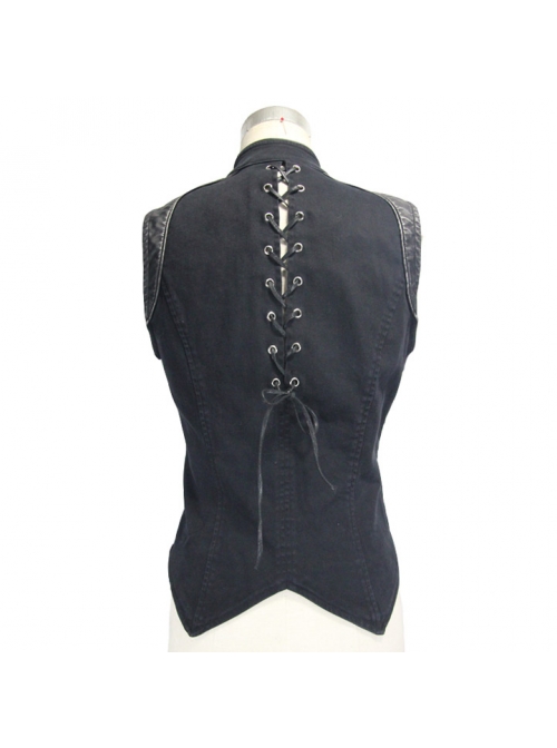 Black Twill Splice Hand Rubbed Leather Rope Fake Two Pieces Lace-Up Punk Waistcoat
