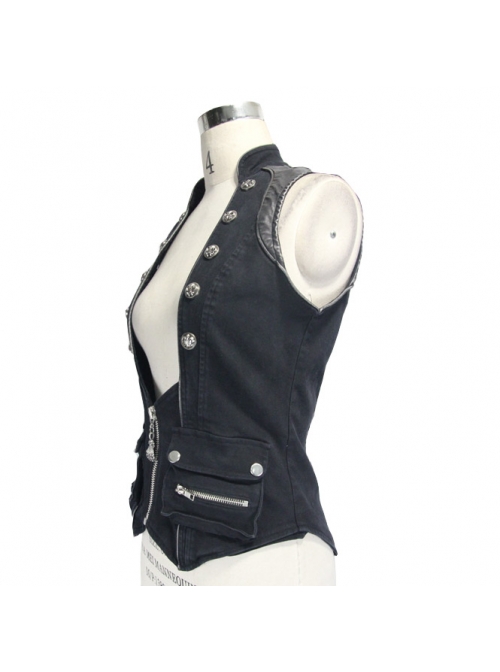 Black Twill Splice Hand Rubbed Leather Rope Fake Two Pieces Lace-Up Punk Waistcoat