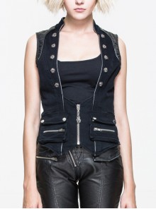 Black Twill Splice Hand Rubbed Leather Rope Fake Two Pieces Lace-Up Punk Waistcoat