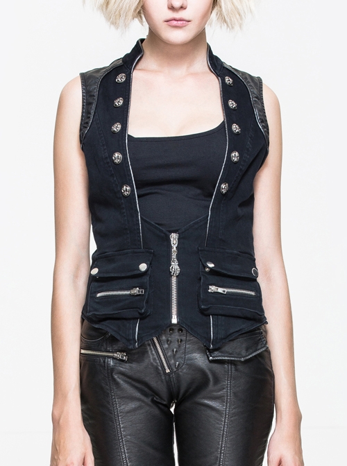 Black Twill Splice Hand Rubbed Leather Rope Fake Two Pieces Lace-Up Punk Waistcoat