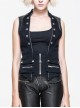 Black Twill Splice Hand Rubbed Leather Rope Fake Two Pieces Lace-Up Punk Waistcoat