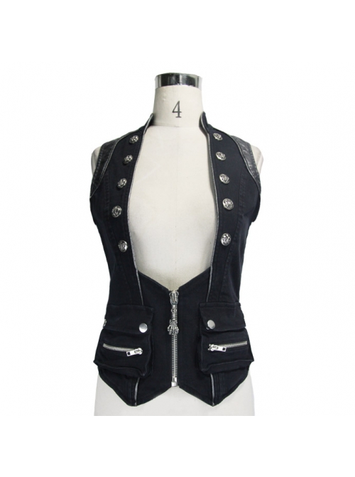 Black Twill Splice Hand Rubbed Leather Rope Fake Two Pieces Lace-Up Punk Waistcoat