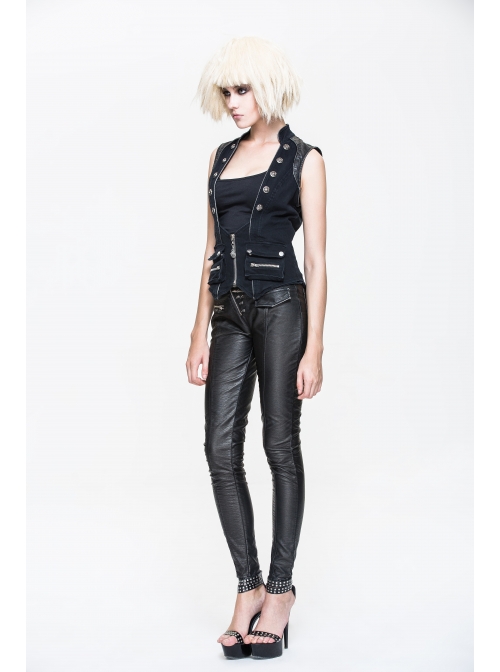 Black Twill Splice Hand Rubbed Leather Rope Fake Two Pieces Lace-Up Punk Waistcoat