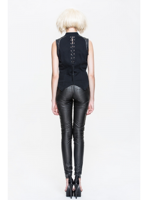 Black Twill Splice Hand Rubbed Leather Rope Fake Two Pieces Lace-Up Punk Waistcoat