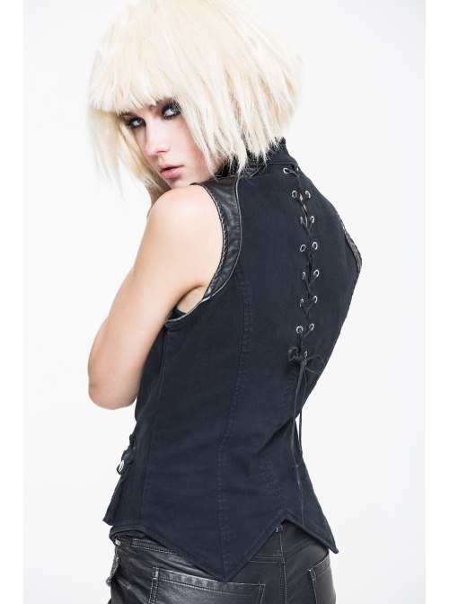 Black Twill Splice Hand Rubbed Leather Rope Fake Two Pieces Lace-Up Punk Waistcoat