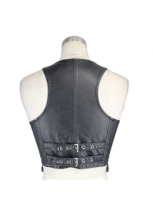 Black And Silver Hand Rubbed Leather Hasp Zipper Short Punk Waistcoat