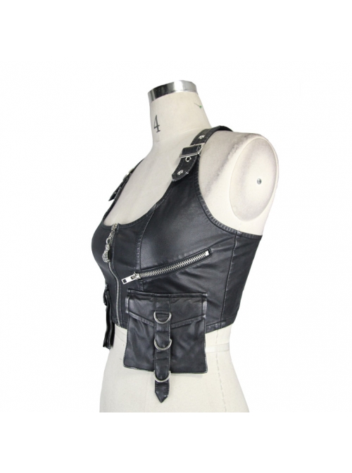 Black And Silver Hand Rubbed Leather Hasp Zipper Short Punk Waistcoat