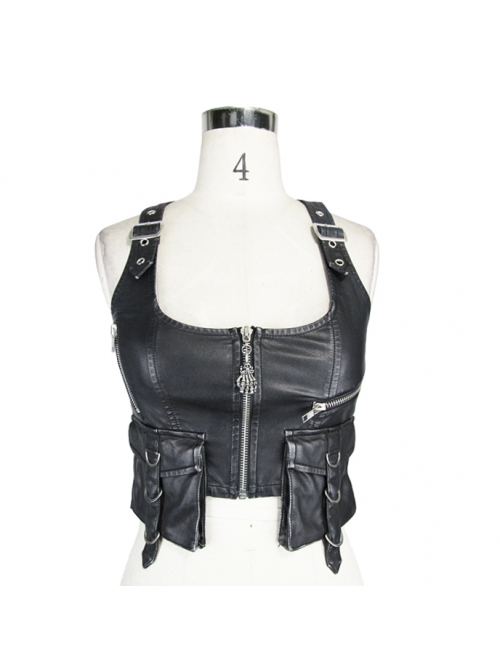 Black And Silver Hand Rubbed Leather Hasp Zipper Short Punk Waistcoat
