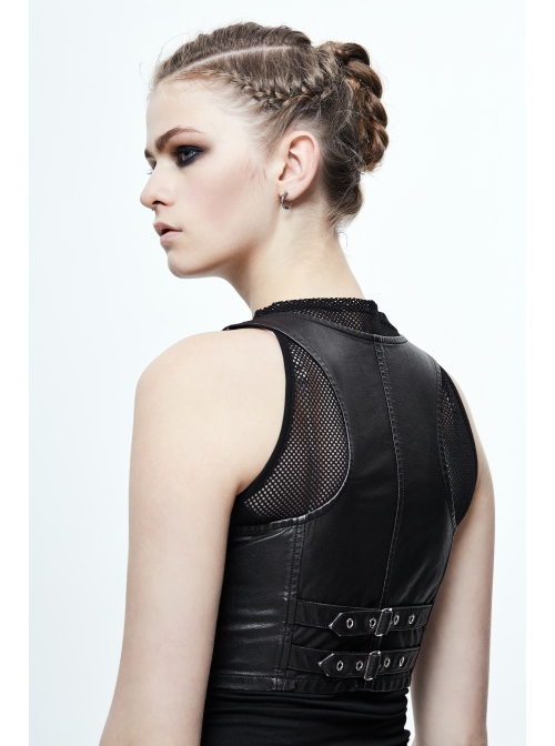Black And Silver Hand Rubbed Leather Hasp Zipper Short Punk Waistcoat
