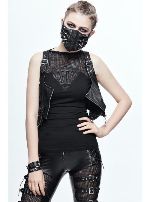 Black And Silver Hand Rubbed Leather Hasp Zipper Short Punk Waistcoat
