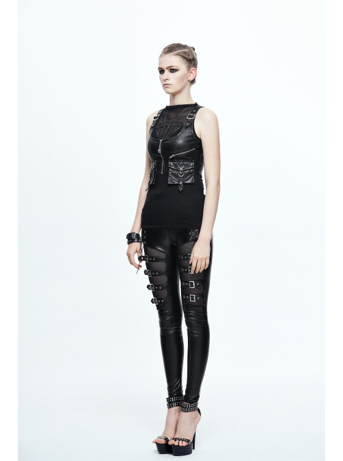 Black And Silver Hand Rubbed Leather Hasp Zipper Short Punk Waistcoat
