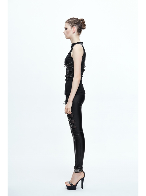 Black And Silver Hand Rubbed Leather Hasp Zipper Short Punk Waistcoat