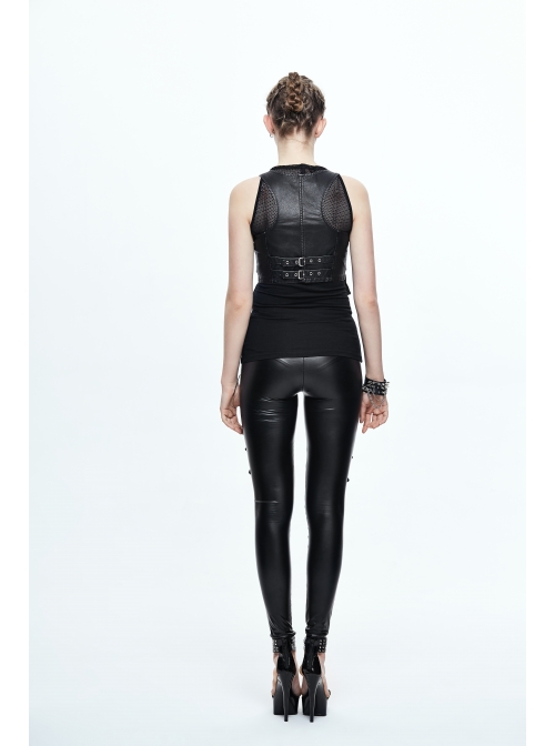 Black And Silver Hand Rubbed Leather Hasp Zipper Short Punk Waistcoat