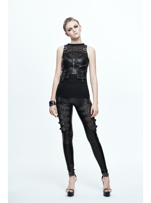 Black And Silver Hand Rubbed Leather Hasp Zipper Short Punk Waistcoat