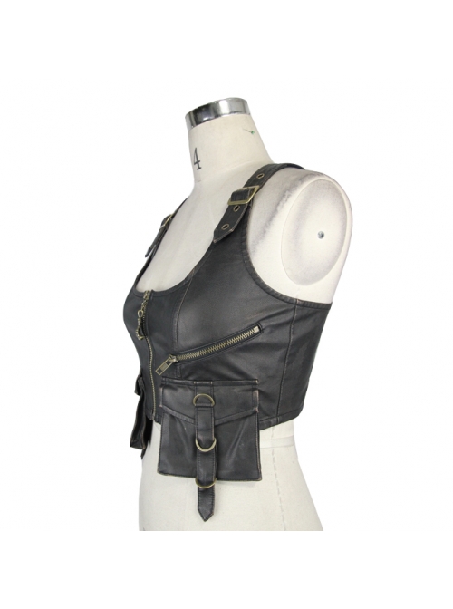 Black And Bronze Hand Rubbed Leather Hasp Zipper Short Punk Waistcoat