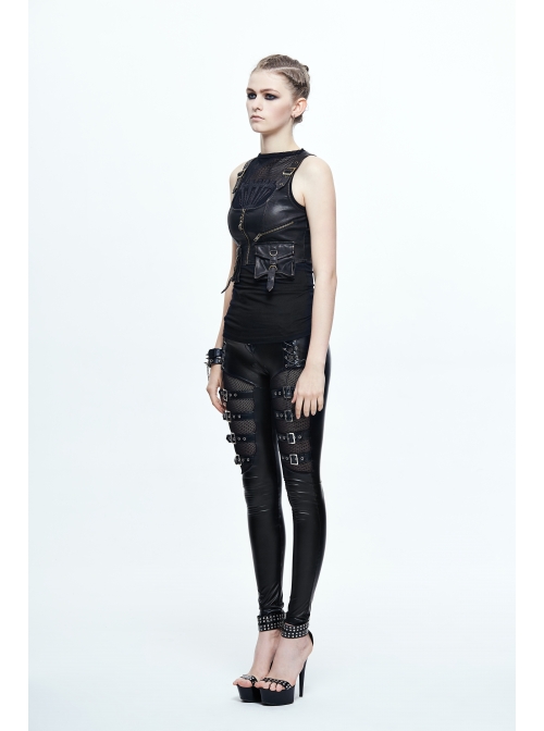 Black And Bronze Hand Rubbed Leather Hasp Zipper Short Punk Waistcoat