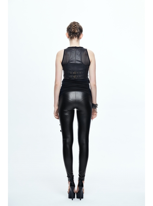 Black And Bronze Hand Rubbed Leather Hasp Zipper Short Punk Waistcoat