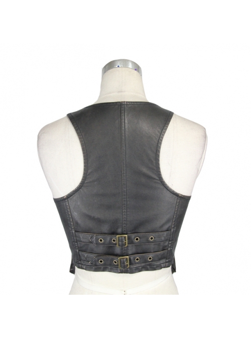 Black And Bronze Hand Rubbed Leather Hasp Zipper Short Punk Waistcoat