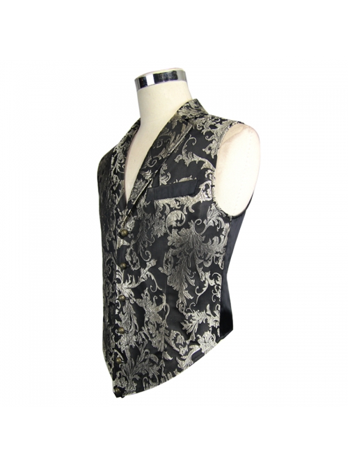 Black And Silver Printed Jacquard Button Gothic Waistcoat