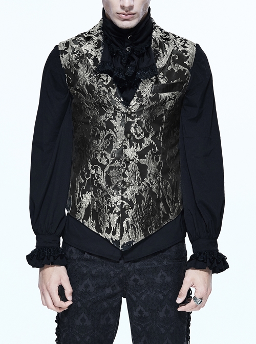 Black And Silver Printed Jacquard Button Gothic Waistcoat
