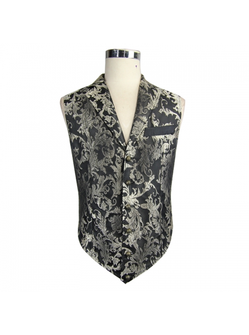 Black And Silver Printed Jacquard Button Gothic Waistcoat