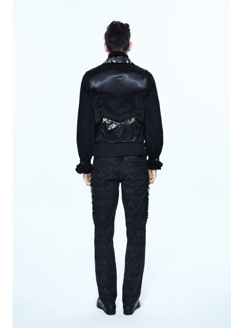 Black And Silver Printed Jacquard Button Gothic Waistcoat