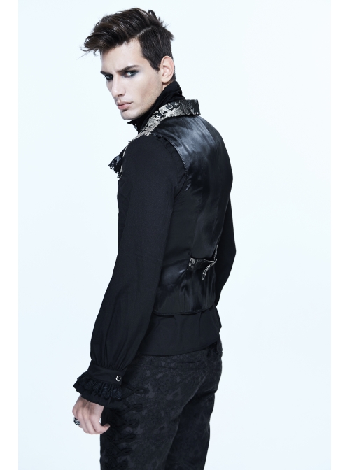 Black And Silver Printed Jacquard Button Gothic Waistcoat