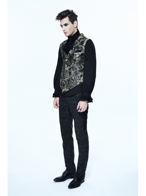 Black And Silver Printed Jacquard Button Gothic Waistcoat