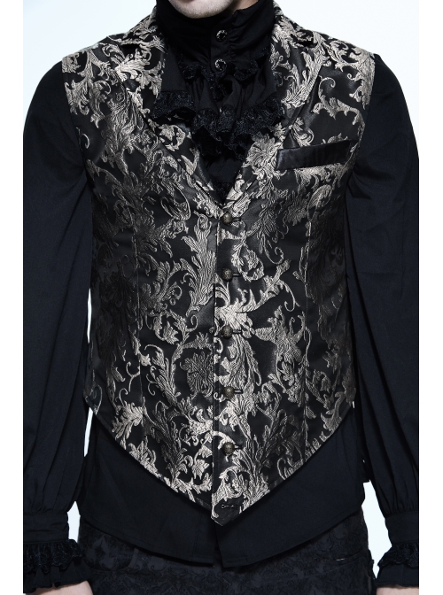Black And Silver Printed Jacquard Button Gothic Waistcoat